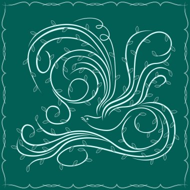 Kanatları ve kuyruğu turkuaz arka planda açık mavi renkli, çerçeve çerçeveli uzun dalgalı çizgiler olan çiçek kuşunun tasviri