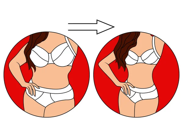 穿着红色圆圈内衣裤的女人在减肥的路上 被白色图解隔开了 — 图库矢量图片