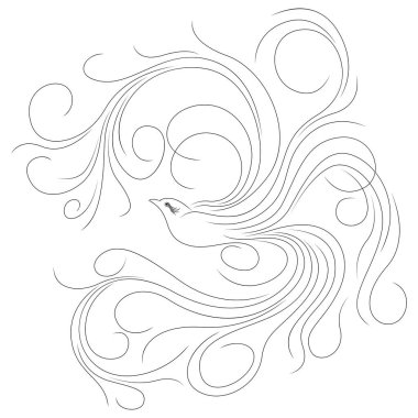 Kanatları ve kuyruğu beyaz arka planda izole edilmiş uzun dalgalı çizgiler olan siyah kuşun ana hatları