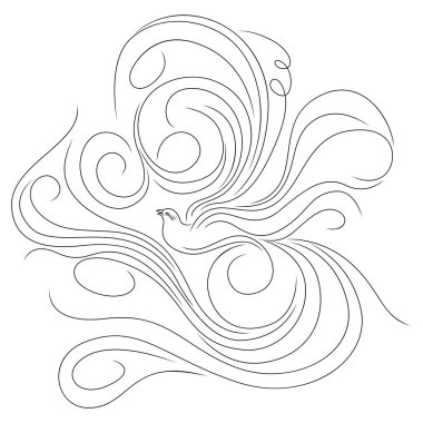 Kanatları ve kuyruğu beyaz arka planda izole edilmiş uzun dalgalı çizgiler olan soyut kuşun siyah çizgisi.