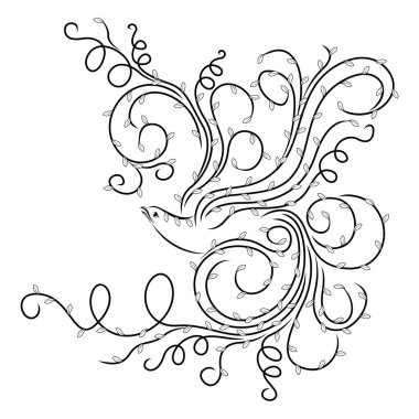 Kanatları ve kuyruğu yapraklarla kaplı olan soyut kuşun siyah ana hatları beyaz arka planda izole edilmiş.