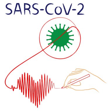 İnsan eli Coronavirus 'un yapısını aşar ve kalp şeklinde kardiyogram çizer, yaşamı sembolize eder, sürekli kırmızı çizgide, beyaz arka planda izole bir şekilde.