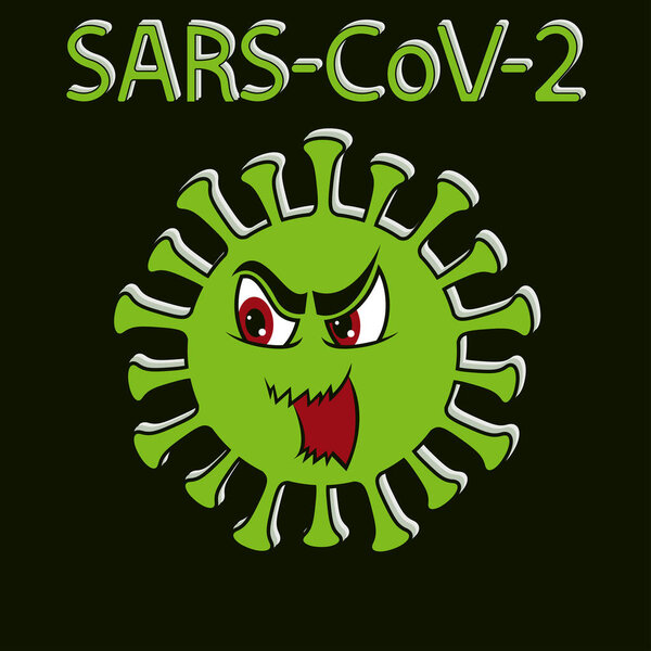 Abstract structure of coronavirus, "stop" pathogen respiratory coronavirus, cartoon illustration isolated on the dark green background