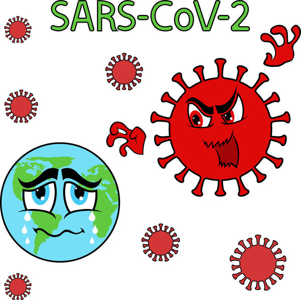 Abstract cartoon structure of coronavirus attack on globe, "stop" pathogen respiratory coronavirus, illustration isolated on the white background