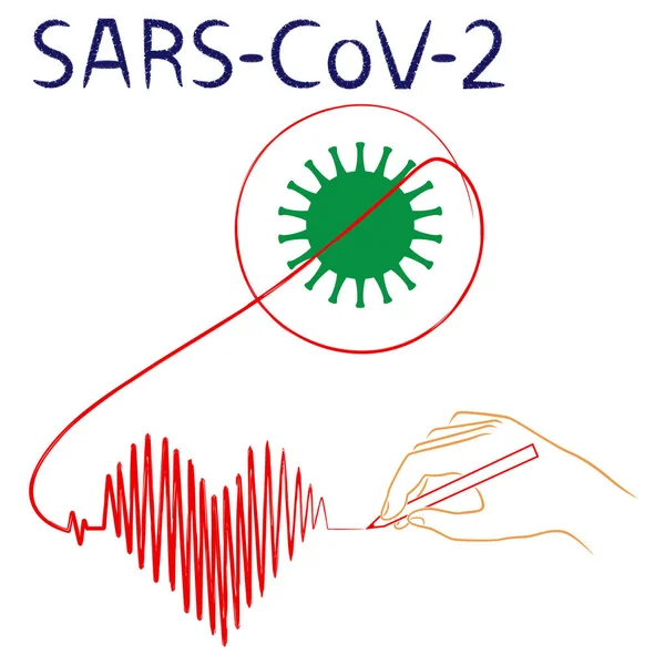 Человеческая Рука Пересекает Структуру Коронавируса Рисует Кардиограмму Виде Сердца Символизирующую Стоковая Иллюстрация