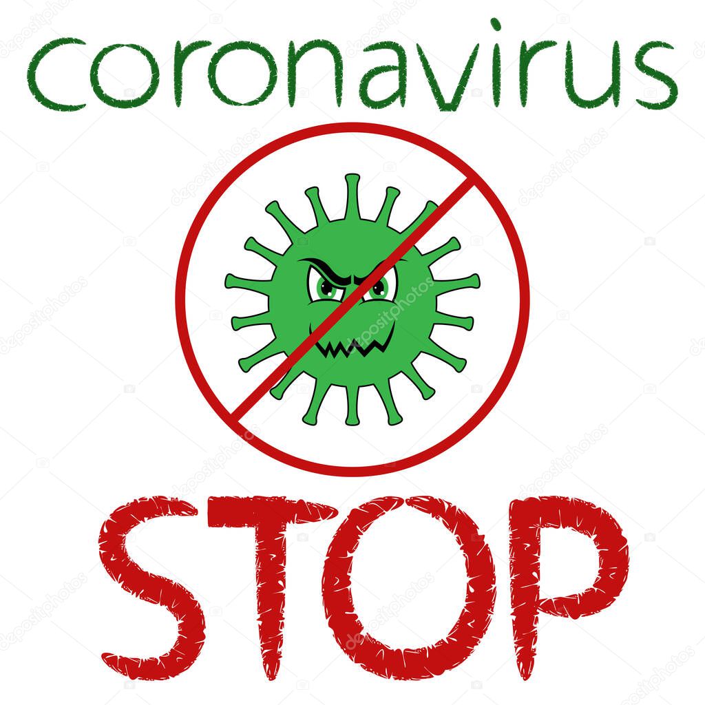 Cartoon structure of coronavirus is crossed out in red circle, 