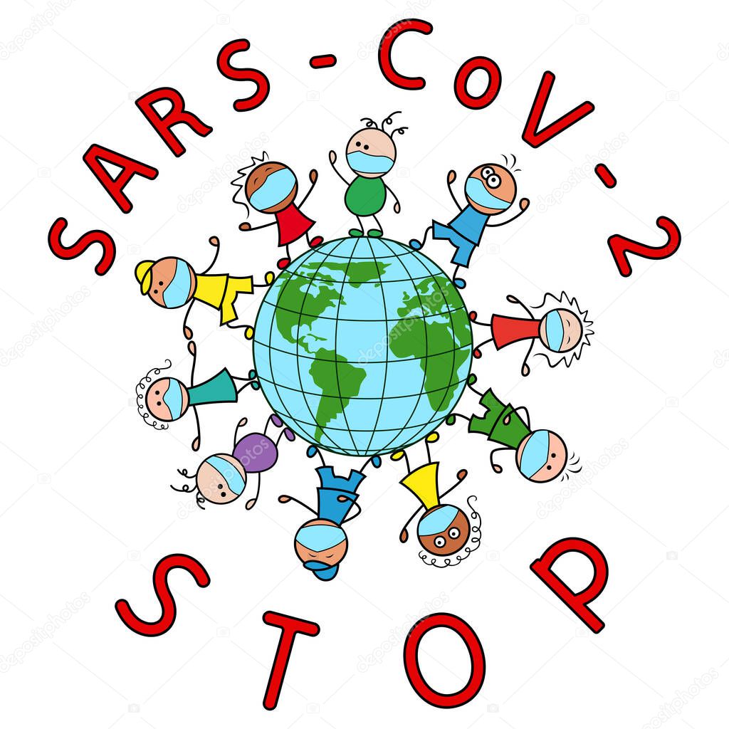 Children of different nationalities together around the globe wearing medical masks calling for a halt to the coronavirus, cartoon illustration isolated on the white background