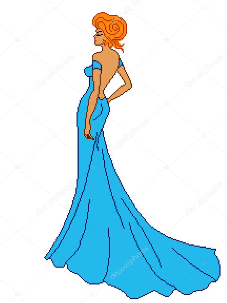 Abstract of elegant lady in blue long dress with closed eyes, color pixelated illustration, can be used in embroidery