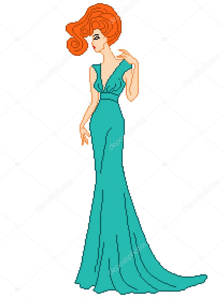 Abstract of elegant lady in turquoise long dress with closed eyes, color pixelated illustration, can be used in embroidery