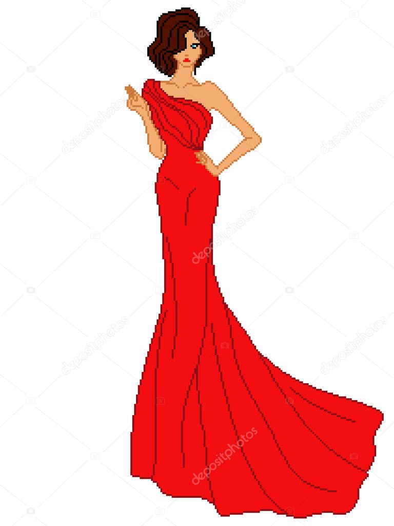 Abstract of charming and beautiful lady in red long dress isolated on the white background, color pixelated illustration, can be used in embroidery