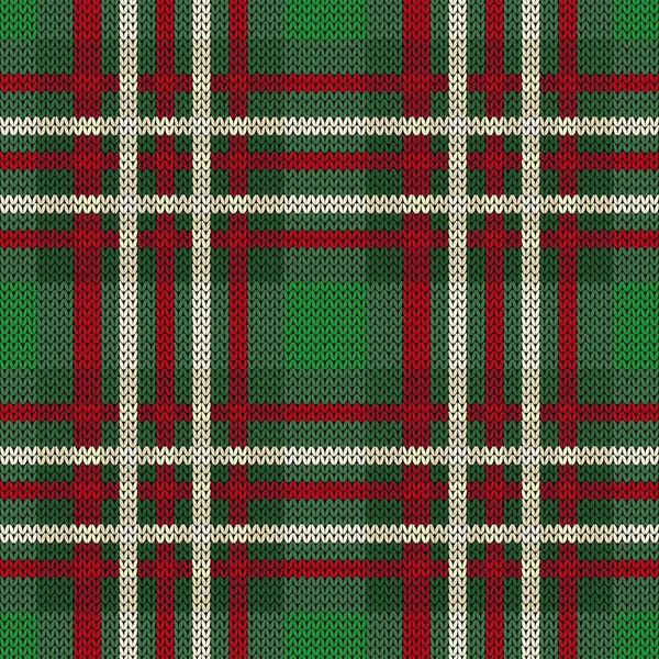 Seamless Knitting Vector Pattern Tartan Plaid Mainly Green Hues Red — Stock Vector
