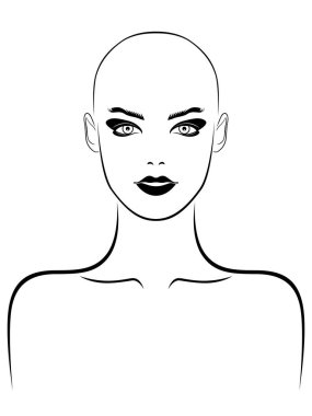 Saçları olmayan çekici ve çekici bir kadının siyah taslağı, beyaz arka planda izole edilmiş bir resim.