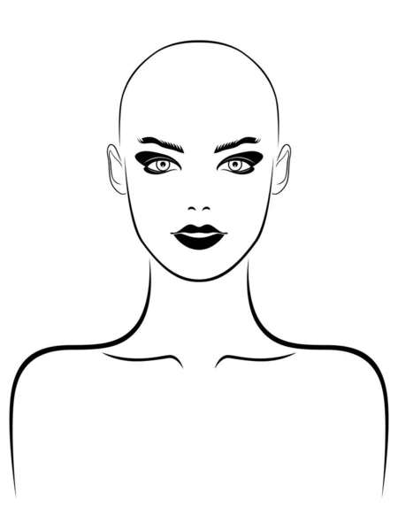 髪のない魅力的で魅力的な女性の黒い輪郭 白い背景に隔離されたイラスト — ストックベクタ