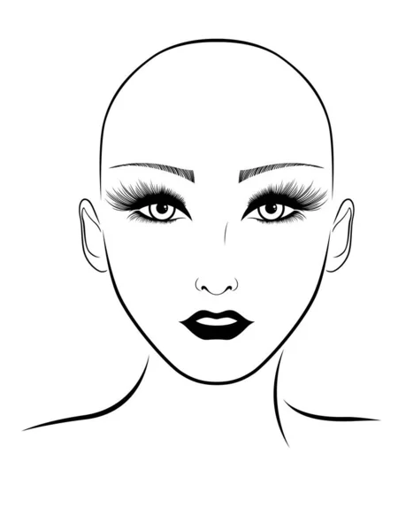 Outline Face Elegant Attractive Hairless Woman Large Expressive Eyes Black — Stock Vector