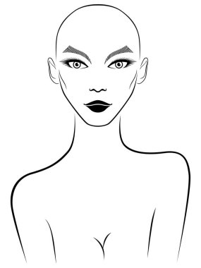 Büyük anlamlı gözleri olan tüysüz bir kadının ana hatları, beyaz arka planda izole edilmiş siyah bir illüstrasyon.