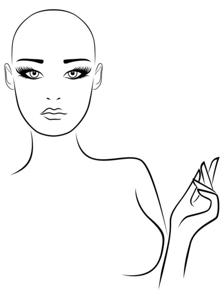 迷人而迷人的无头发女人的轮廓 有一双大的表达的眼睛 白色背景上的黑色孤立 — 图库矢量图片