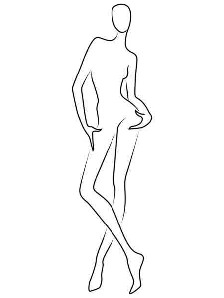 迷人女人的身体 白色背景上的黑色孤立 后视镜 手绘轮廓 — 图库矢量图片