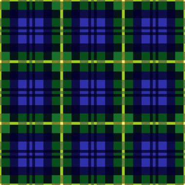 Yeşil, mavi ve sarı renklerde kontrastsız İskoç deseni, ekose, masa örtüsü, giysi, yatak, battaniye ve diğer tekstil kumaşları için doku
