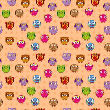 Renkli çizgi film komik baykuşları olan kusursuz desenli sessiz turuncu desenli arka planda bebek dekorasyonu için. 