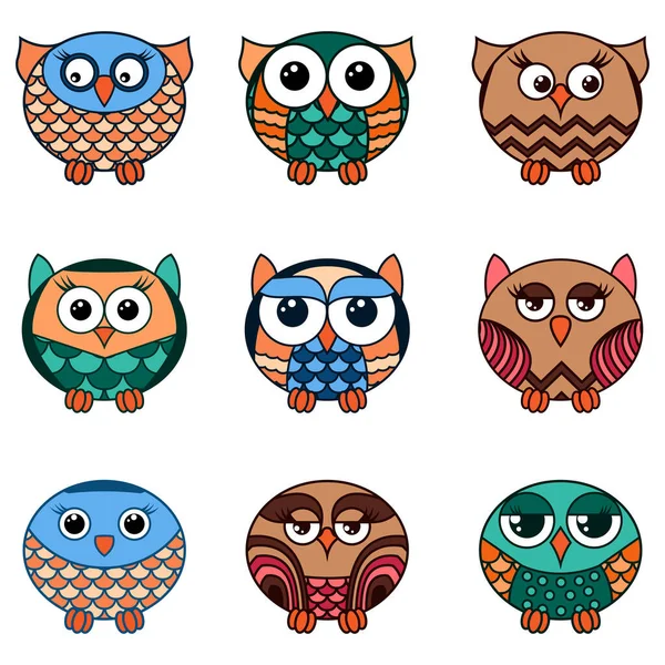 Set Nine Cartoon Cute Funny Various Oval Owls Isolated White — Stock Vector