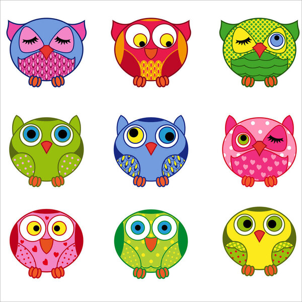 Set of nine cartoon funny and cute various oval owls isolated on the white background, vector outlines as icons