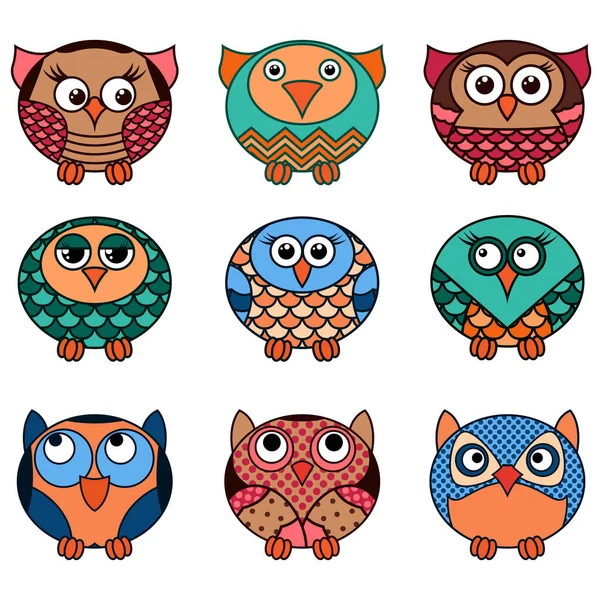 Set Nine Cute Cartoon Oval Owls Various Pattern Isolated White — Stock Vector