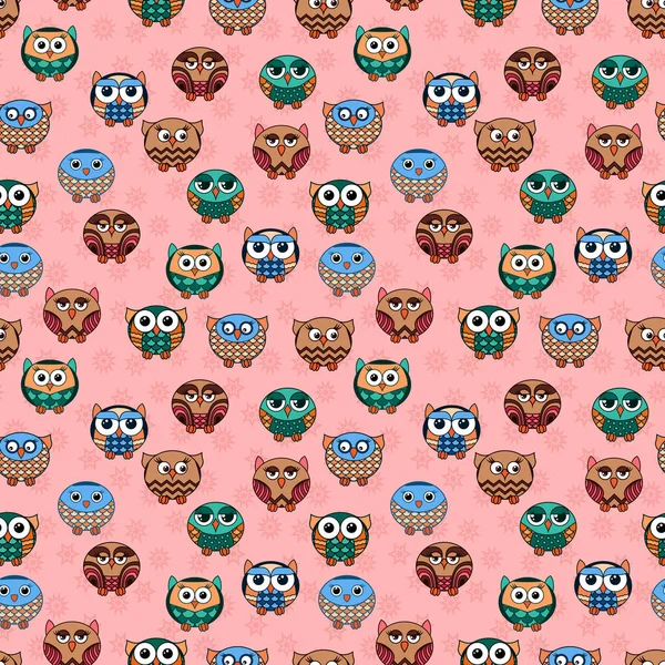 Seamless Texture Various Cartoon Owls Children Decoration Pink Pattern Background — 스톡 벡터