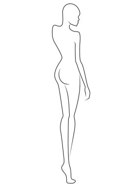 Beyaz arka planda izole edilmiş zarif bir bayanın siyah hatları, el çizimi.