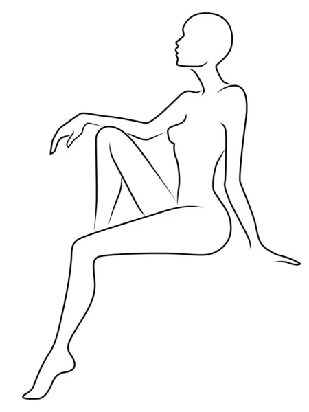 迷人的坐着女人的身体 白色背景上的黑色孤立 侧面看 手绘轮廓 — 图库矢量图片