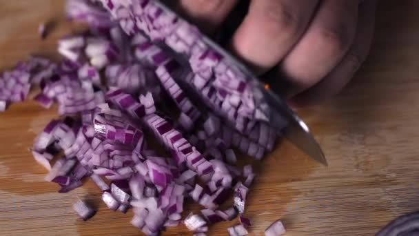 Picando Cebolla Roja, Primer plano. Movimiento lento — Vídeos de Stock