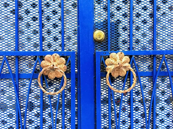 Modré iron gate s dekorační detaily — Stock fotografie