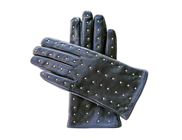 Черные кожаные перчатки с металлическими заклепками, изолированные на белой спине — стоковое фото