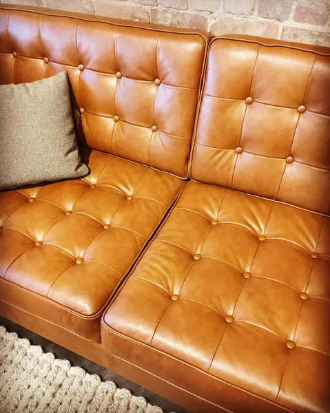Lussuoso divano in pelle marrone con cuscino — Foto Stock