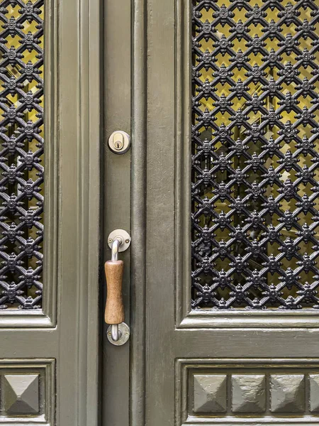 Porta verde com janelas ornamentais — Fotografia de Stock