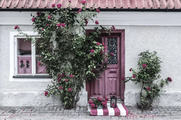 Malebný vchod do domu zdobený růžemi — Stock fotografie