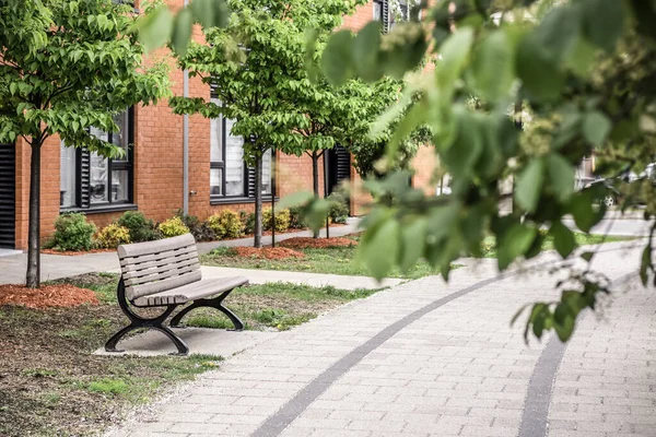 Paved Path Bench Brick Building Seen Green Leaves Green City — Stock Photo, Image