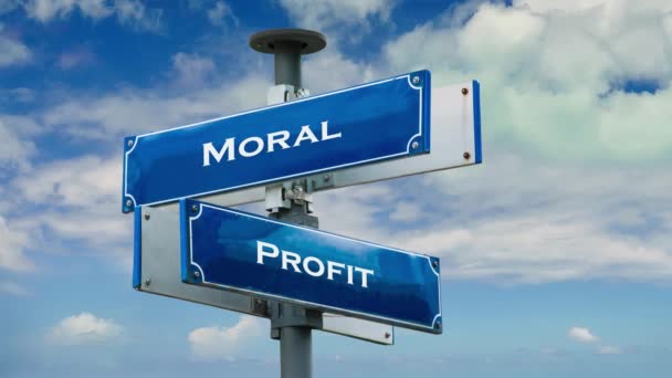 Вуличний Знак Шлях Моралі Проти Прибутку — стокове відео