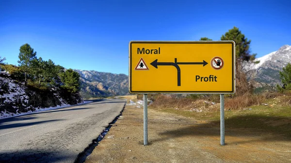 Street Sign Direzione Verso Morale Contro Profitto — Foto Stock