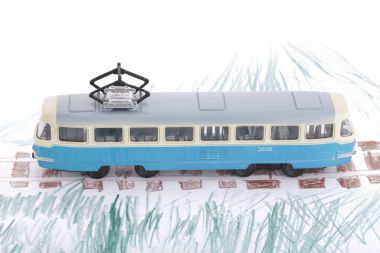 Mavi oyuncak Tramvayda çocuk çizim, kamu taşıma