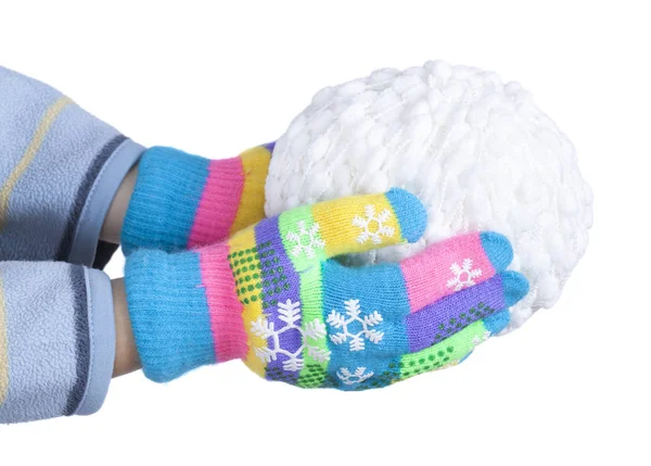 Snowball White Threads Child Hands Clad Colorful Gloves Isolated White — Stock Photo, Image