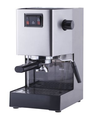 Paslanmaz çelik espresso makinesi, yapım, beyaz arka plan üzerinde izole kahve aşamaları