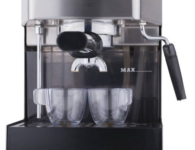 Espresso için iki bardak hazırlayarak espresso makinesi, kahve damlama, yapım, beyaz arka plan üzerinde izole kahve aşamaları