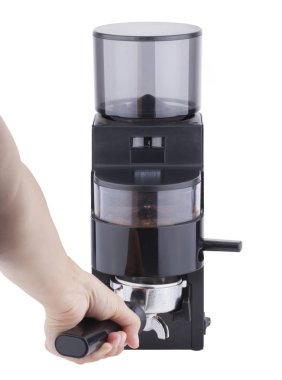 Portafilter için Kahve değirmeni ile kahve çekirdekleri Zımpara, kahve yapma, aşamaları izole beyaz arka plan üzerinde