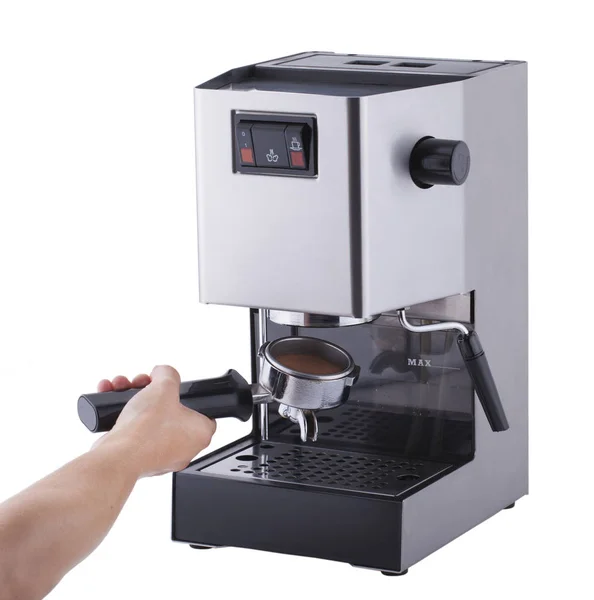 Setting portafilter to espresso machine, stages of coffee making, isolated on white background