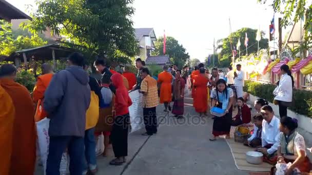 Nombreux Moines Reçoivent Des Offrandes Alimentaires Matin — Video