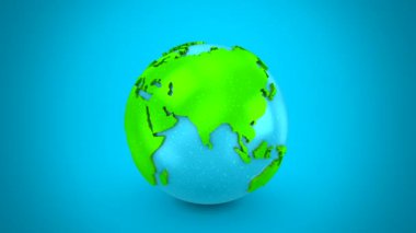Dünya Haritası Küre 'ye Dönüyor. Mavi arkaplan, 3 içinde 1, döngü (151-450 kare), alfa matte, 3d görüntüleme, 4k çözünürlük