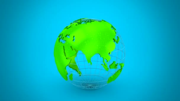 World Map Turns Globe Inglés Fondo Azul Lazo 151 450 — Vídeos de Stock