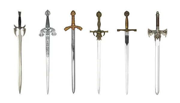Sechs Mittelalterliche Schwerter Isoliert Auf Weißem Hintergrund — Stockfoto
