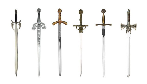Six medieval swords isolated on a white background