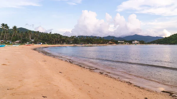 Nacpan Sahili Palawan, Filipinler. Palmiye ağaçlarıyla kaplı kumsal kıyısı okyanus suyu.